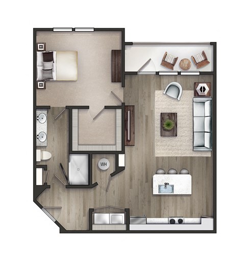 Floor plan for 1 bed, 1 bath, 936 sqft